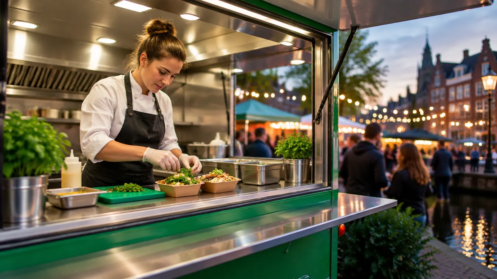 HACCP for food trucks: staff member wearing gloves preparing food in a clean food truck at an evening market