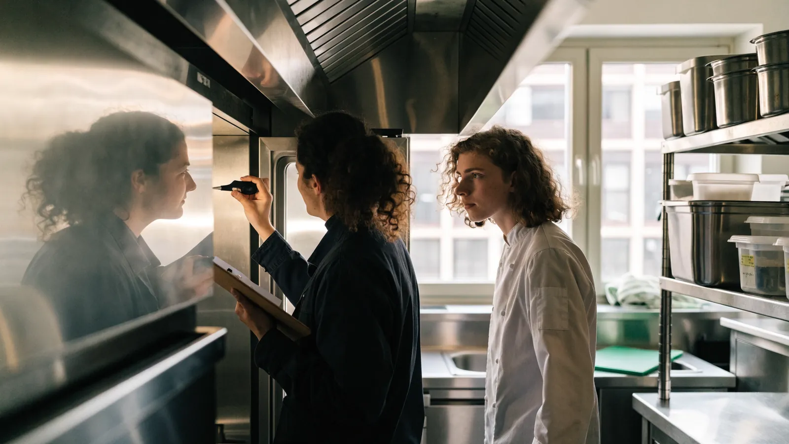 NVWA-inspecteur met klembord controleert de koeling in een restaurantkeuken, naast een jonge kok