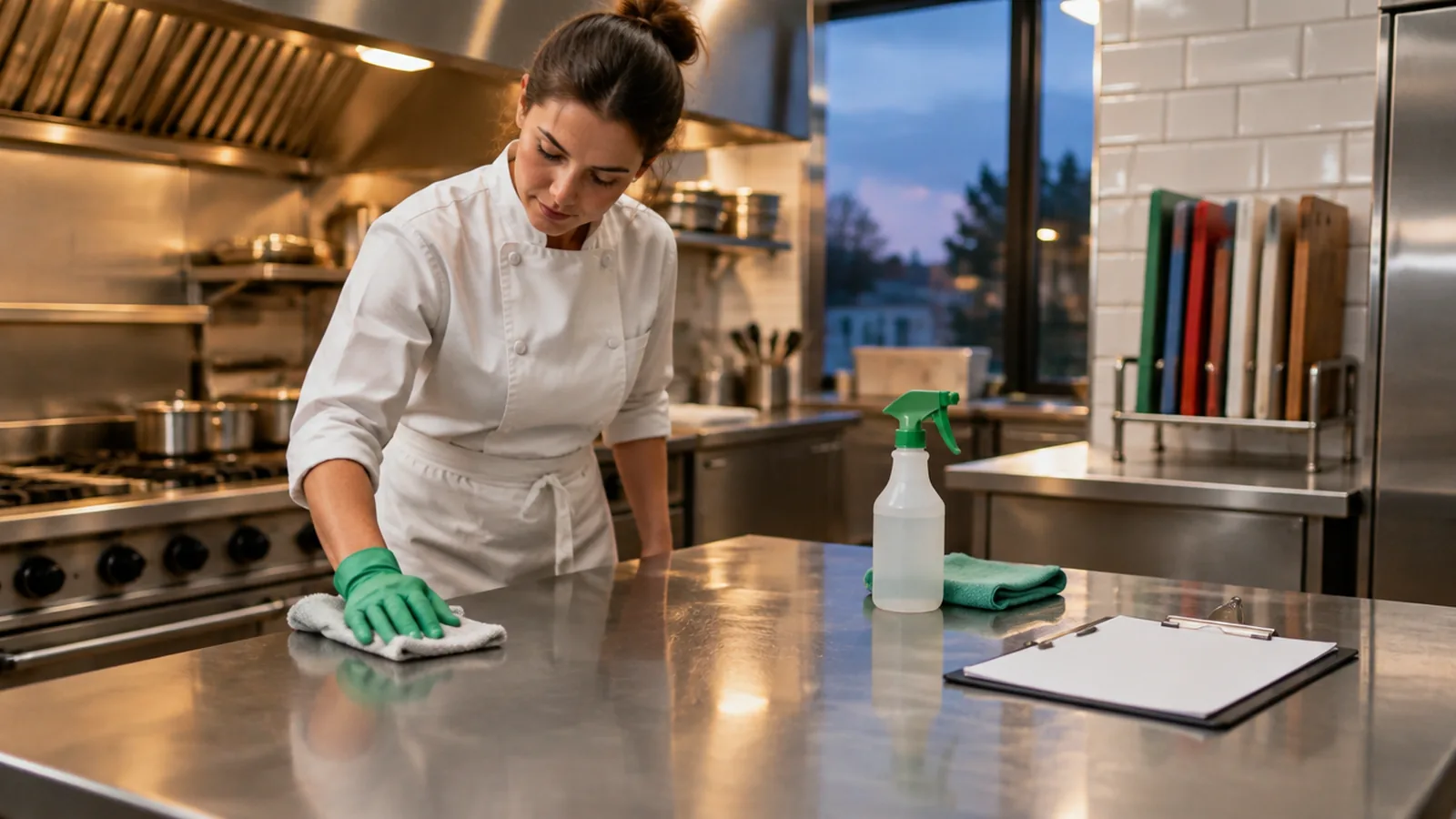 HACCP schoonmaakplan: keukenmedewerker met groene handschoen reinigt een rvs werkbank na sluitingstijd